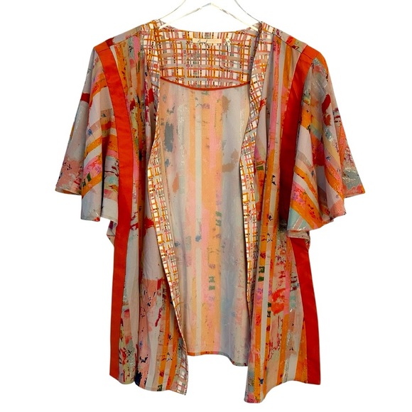 Anthropologie Floreat | Orange & Ivory Striped Boho Kimono Sleeve Top One Size - Picture 14 of 15